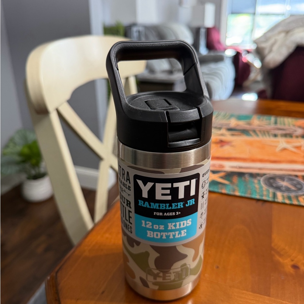 Yeti Kids Rambler Jr Camo Bottle with Black Lid and Aqua Label